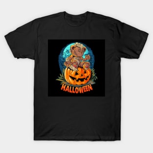 cute-halloween-teddy-bear-with-knife-sitting-pumpkin T-Shirt